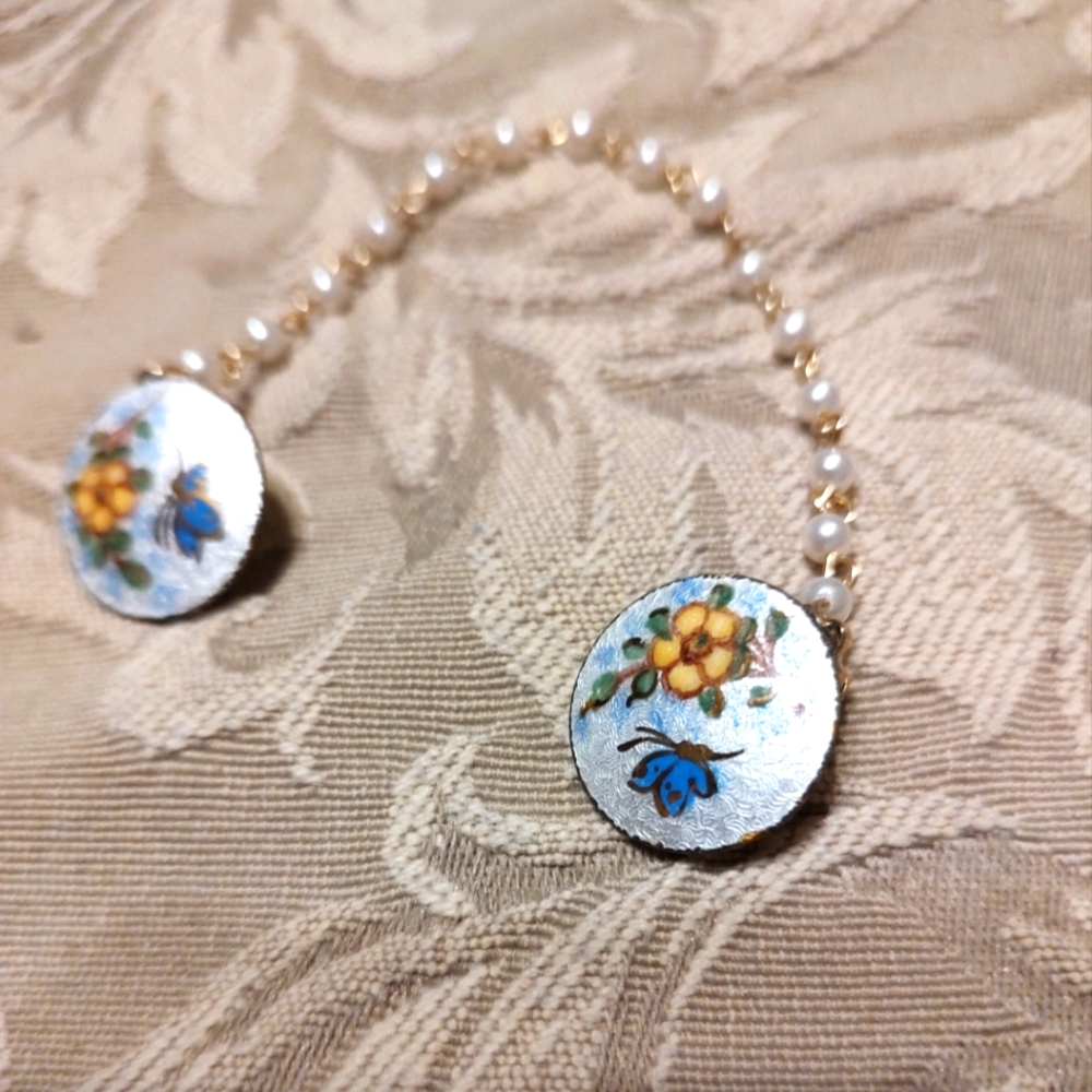 🌼🦋🪻Precious Vtg Dainty Hand Painted Floral Enameled Sweater Clip Chatelain - Picture 4 of 10